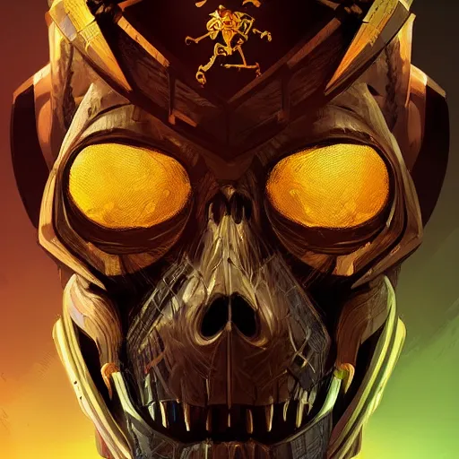 Prompt: a golden skull face monkey warrior with a black diamond in his forehead, Apex Legends character, digital illustration portrait design, by android jones and greg rutkowski, retrowave color scheme, detailed, cinematic lighting, wide angle action dynamic portrait