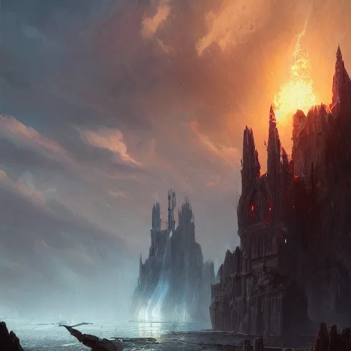 Image similar to old valyria the doom cataclysm, landscape, scenery, oil painting, Tooth Wu, Greg Rutkowski, RPG, dynamic lighting, fantasy art, High contrast, depth of field