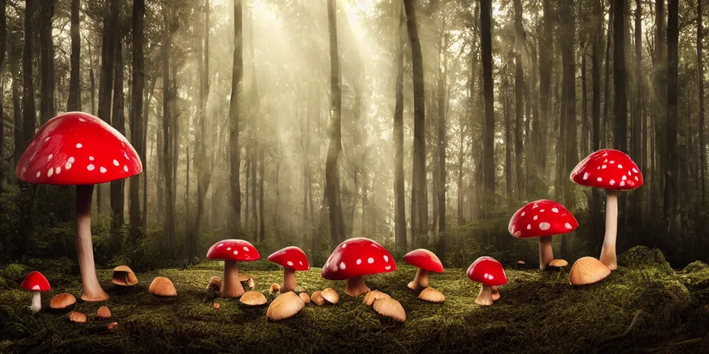 Prompt: Photo by Filip Hodas of the cinematic view of the Forest of the Giants, various little mushrooms on the floor, 3 very big red mushroom with white spots in second plan, photorealism, a few sun ray of lights falling with dust, photo taken with canon 5D