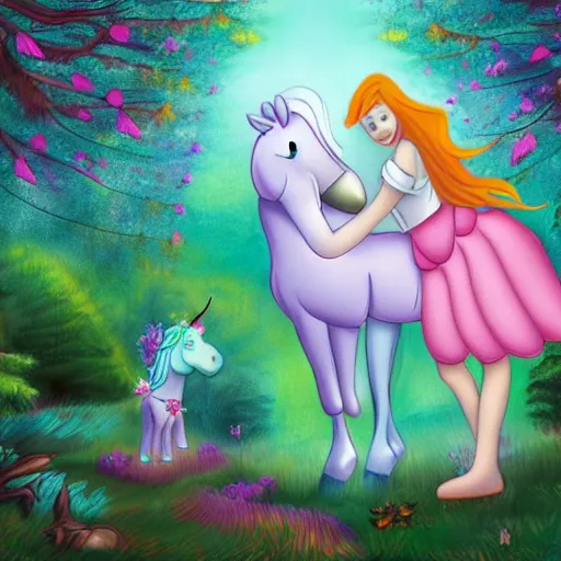 Image similar to girl hugging unicorn in forest, fantasy, illustration style of disney animation