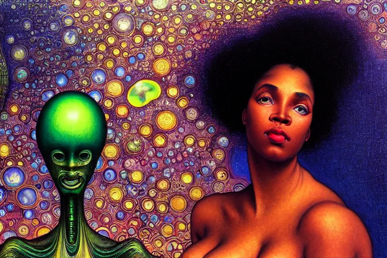 Image similar to realistic extremely detailed closeup portrait painting of a beautiful black woman in a dress with supercomputer alien, city street on background by Jean Delville, Amano, Yves Tanguy, Ilya Repin, Alphonse Mucha, Ernst Haeckel, Edward Hopper, Edward Robert Hughes, rich moody colours