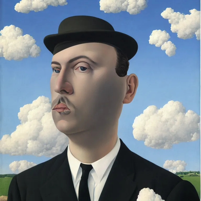 Image similar to portrait of a chrome - faced man in a suit, clouds in the background, by rene magritte, detailed painting, distance, centered, hd, hq, high resolution, high detail, 4 k, 8 k