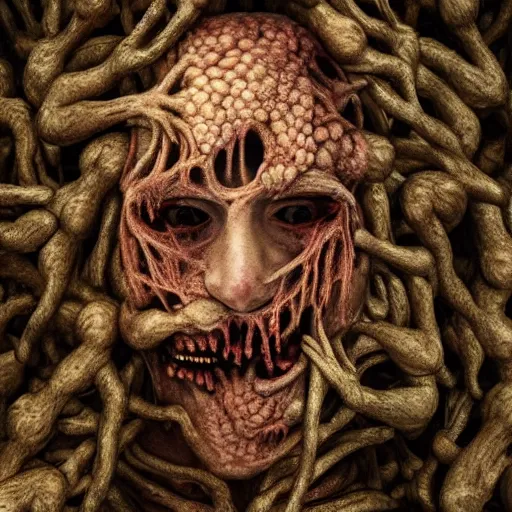 Prompt: a human head covered in growths that are small human upper bodies of faceless people thrashing in horror very cinematic grotesque body horror exaggerated proportions surrealist style exquisite award - winning detail