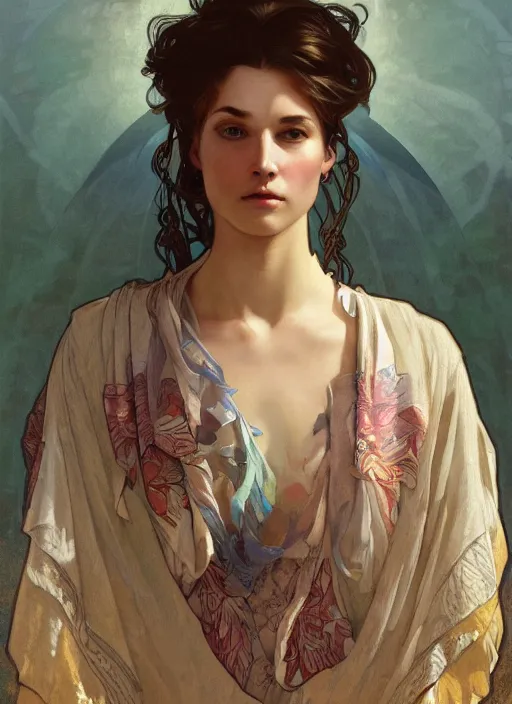 Prompt: Claire Elizabeth Cottrill wearing luxuruous hawaiian rayon shirt, rule of thirds, accurately portrayed, portrait art by alphonse mucha and greg rutkowski, highly detailed, digital painting, concept art, illustration, ethereal lighting with twilight rays of sunlight, trending on artstation, very detailed, smooth, sharp focus, octane render, close up