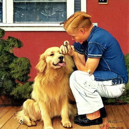Prompt: a golden retriever trying to sell a used car, painting by Norman Rockwell