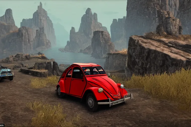 Image similar to red and black citroen 2 cv ( 1 9 6 5 ) driving across the rift, riften city in the background, epic fantasy, the elder scrolls v : skyrim, dramatic lighting, establishing shot, by simon stalenhag