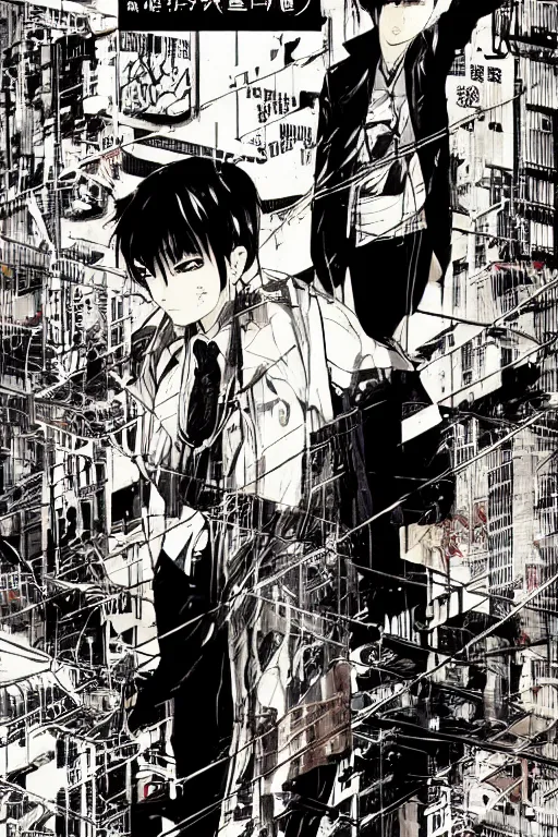 Image similar to professionally drawn seinen mature cyberpunk detective horror action manga comic cover about brutalism, full color, beautifully drawn coherent professional, drawn by ilya kuvshinov, ilya kuvshinov, and hiromu arakawa and tsutomu nihei. japanese script kanji hiragana on the cover. simplistic minimalist cover art. stylized stylistic.