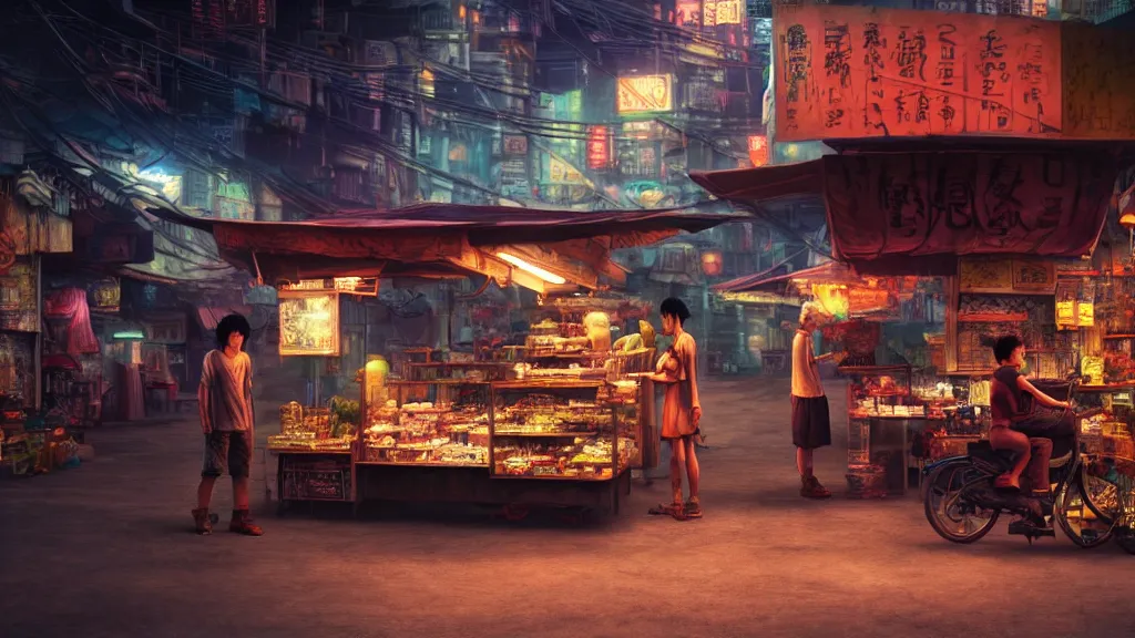 Image similar to twilight lighting, moody, atmospheric, solarpunk, taho vendor, in davao city, by ghibli studio and victor ngai, ghost in the shell, akira, pixar highly detailed, 8 k