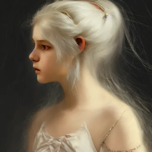 Prompt: portrait of young vampire princess, head only, realistic eyes, headshot, white hair, pale skin, 4k, rule of thirds, extreme detail, intricate illustration, trending artstation, cgsociety, hd, fantasy, realistic lighting, by Albert Bierstadt, Frederic Edwin Church.