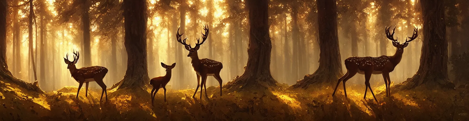 Image similar to Deer in Sherwood Forest, full frame, highly detailed, digital painting, artstation, concept art, smooth, sharp focus, illustration, art greg rutkowski and alphonse mucha