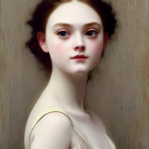 Prompt: A masterpiece head and shoulders portrait of Elle Fanning by William Adolphe Bouguereau and Makoto Shinkai