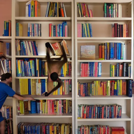 Image similar to monkeys moving into a college dorm stacking books on shelves