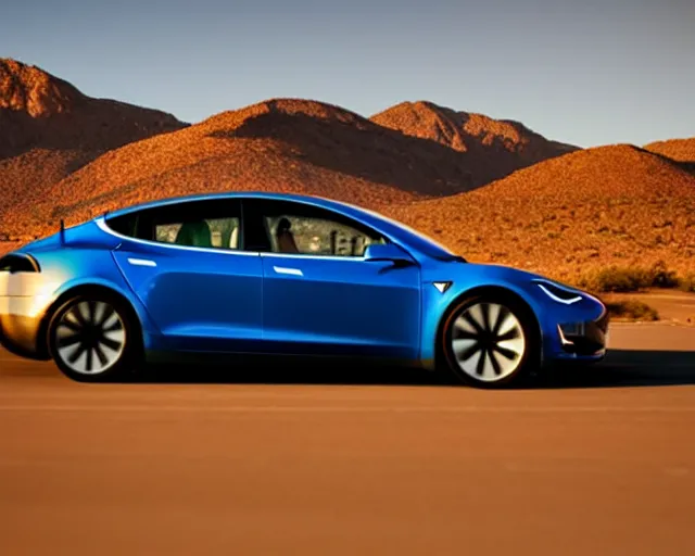 Image similar to a blue tesla driving across a road in the mojave desert, golden hour