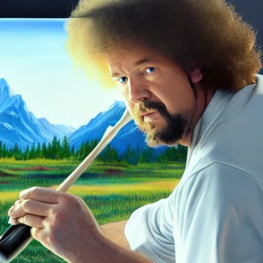 Image similar to a closeup photorealistic photograph of bob ross painting an image of kenny powers pitching a baseball on a canvas. mountains and trees. film still. brightly lit scene. this 4 k hd image is trending on artstation, featured on behance, well - rendered, extra crisp, features intricate detail, epic composition and the style of unreal engine.