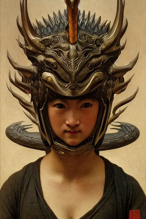 Image similar to portrait of a gullum is a chinese dragon in armor and helmet, majestic, solemn, symmetrical, detailed intricate, hyper realistic, by bouguereau