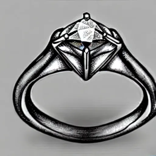 Image similar to graphite sketch of engagement ring with two smaller diamonds outside and one bigger diamond in the middle, realistic, hyper detailed, concept art, victorian, multiple angles