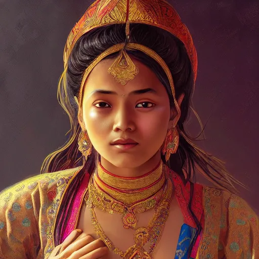 Prompt: A young nepalese woman wearing a nepalese outfit, very detailed face, gorgeous, beautiful, intricate, highly detailed, digital painting, artstation, concept art, sharp focus, illustration, art by greg rutkowski and alphonse mucha