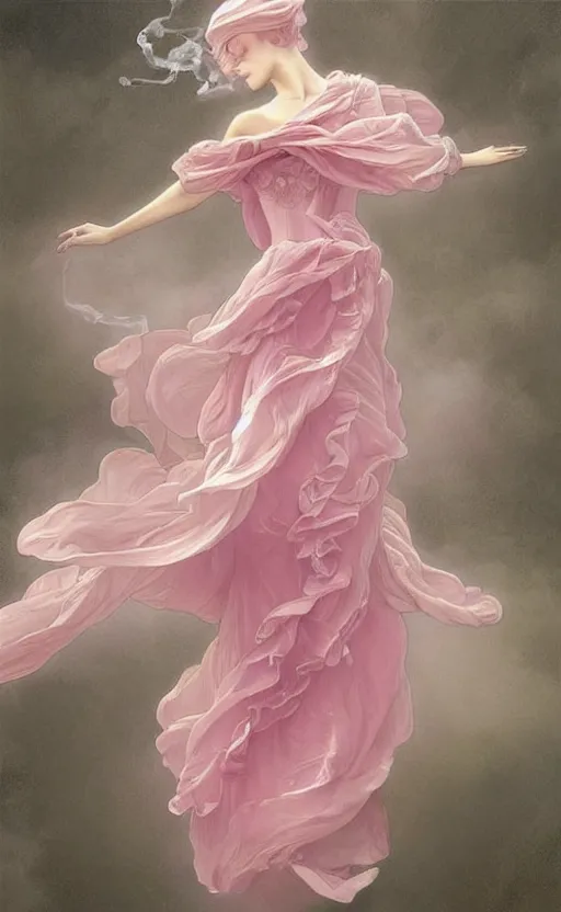 Image similar to delicate !!beautiful!! woman dressed in a vaporous wrapped large victorian pink roses silk semi-transparent dress fashion is running, fantasy, intricate, elegant, highly detailed, digital painting, trending on artstation, concept art, matte, sharp focus, illustration, art by Artgerm and Greg Rutkowski and Alphonse Mucha, trending on instagram, art nouveau