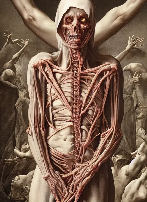 Image similar to demonic nun with translucent skin, visible muscles and veins and arteries and bones and spines and nerves, beautiful detailed intricate insanely detailed octane render, 8k artistic photography, photorealistic, chiaroscuro, by David Cronenberg, Raphael, Caravaggio