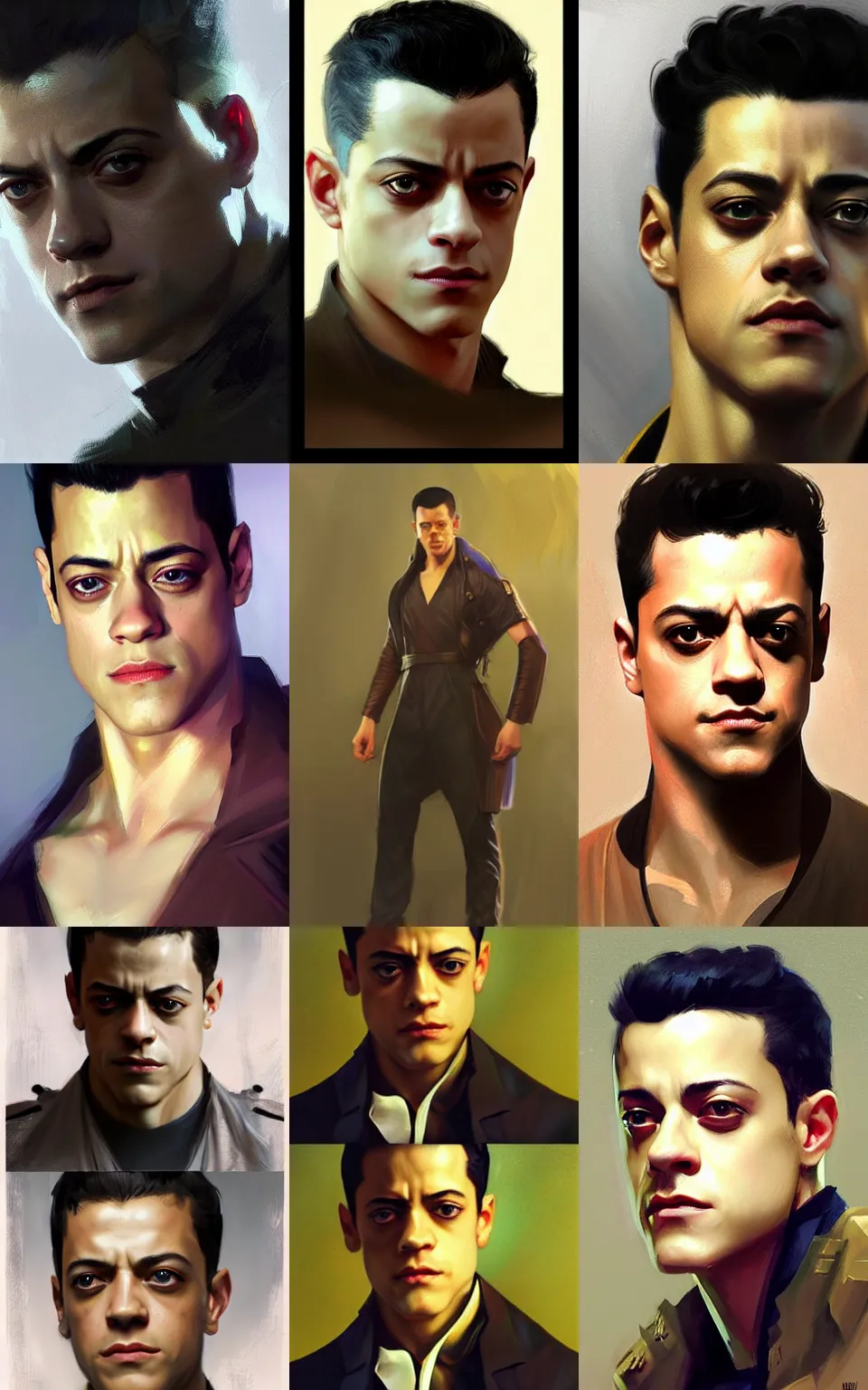 Prompt: character concept portrait, rami malek with golden eyes, style digital painting, concept art, smooth, sharp focus, illustration, from metal gear, by ruan jia and mandy jurgens and william - adolphe bouguereau, artgerm