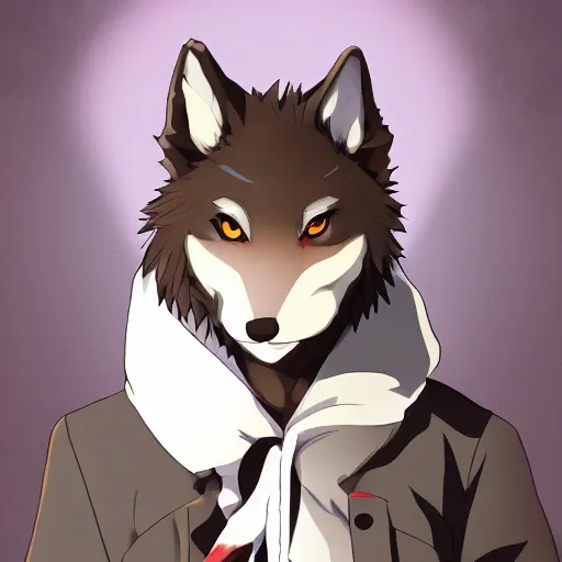 Image similar to key anime visual portrait of an anthropomorphic anthro wolf fursona, in a jacket, with handsome eyes, official modern anime art