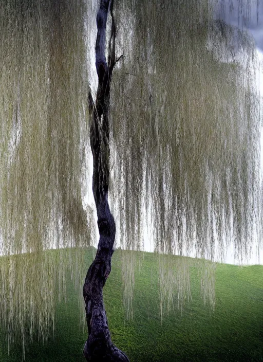 Prompt: nature photograph of a weeping willow with black bark and silver leaves sitting on a cliff in the distance in the style of stefan kostic, realistic, half body shot, sharp focus, 8 k high definition, insanely detailed, intricate, elegant, art by stanley lau and artgerm, luis royo, cloudy background