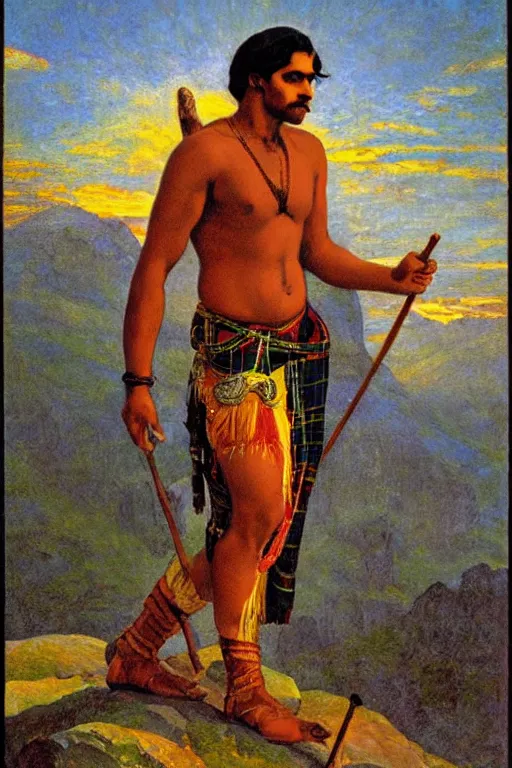 Prompt: a symmetrical homoerotic tarot card of a handsome shirtless desi adventurer wearing a revealing tartan kilt on a snowy mountain peak, by raja ravi varma. he has a wooden staff, cowboy hat, and boots. background is a stained glass golden sunrise. art deco, art nouveau. by louis comfort tiffany, by albert bierstadt. trending on artstation.