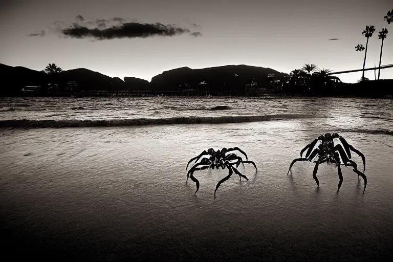 Prompt: giant crab attacking a california city, in 2 0 1 2, bathed in the the glow of the sunset, low - light photograph, photography by ansel adams