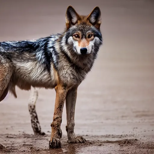 Image similar to professional photograph of a mud - colored wolf, high quality, hd, 8 k, 4 k, magnificent, award - winning, nature, nature photography, awe - inspiring, highly detailed, amazing