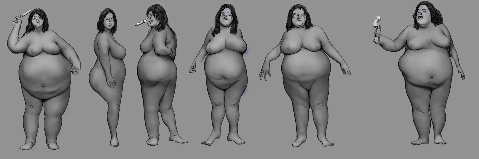 Image similar to female character study of bill hicks, fat woman, smoking, clear faces, emotional, character sheet, fine details, concept design, contrast, kim jung gi, pixar and da vinci, trending on artstation, 8 k, full body and head, turnaround, front view, back view, ultra wide angle