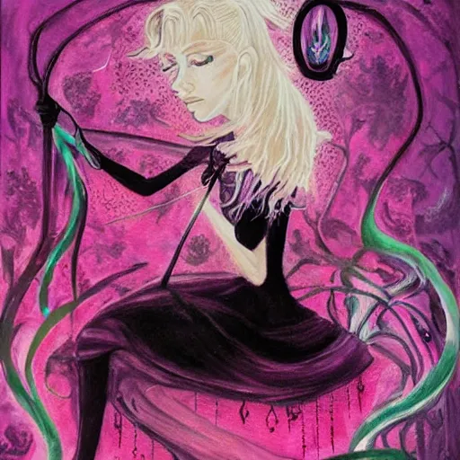 Prompt: The pink witch practices visually stunning witchcraft. Painting.