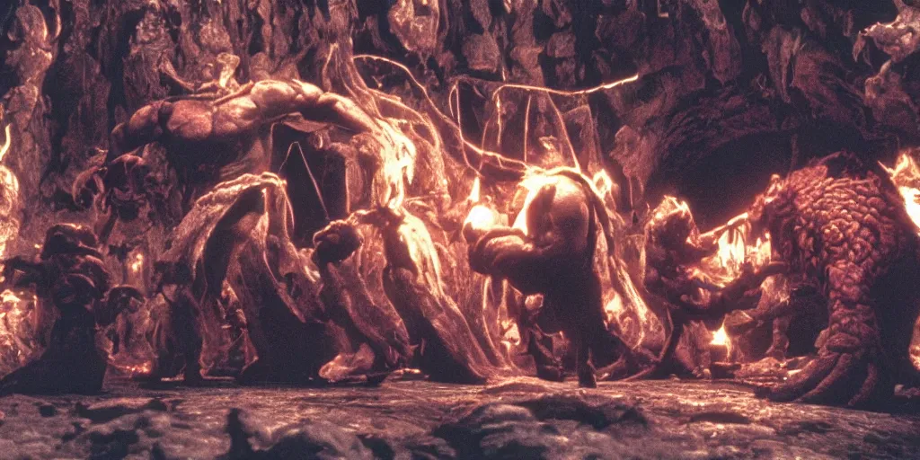 Image similar to A full color still from a Stanley Kubrick film featuring a Balrog in Moria, practical effects, 35mm, 1975