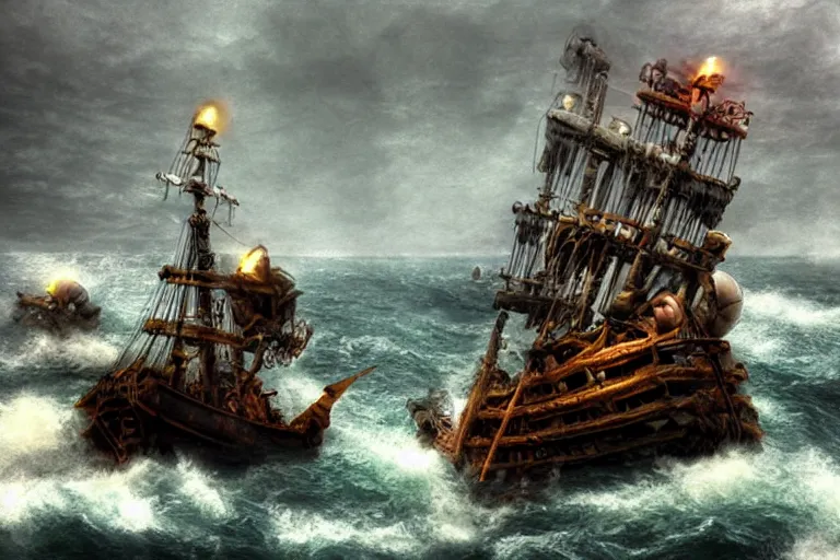 Image similar to epic pirate ship wreckage in a storm, sighting the kraken, in the style of vernon grant and chris van allsburg, trending on artstation, bright tilt - shift camcorder effect, photoshop, retrowave, hyperrealism,