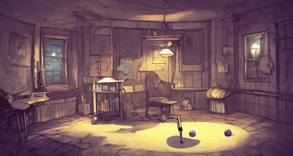 Image similar to A beautiful artwork illustration, a videogame level in a small escape room with a golf ball who is a detective, featured on artstation, wide angle, horizontal orientation