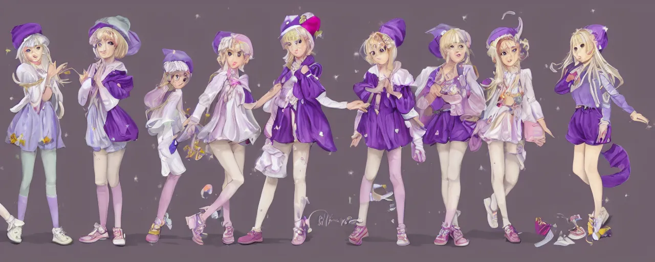 Prompt: A character sheet of full body cute magical girls with short blond hair wearing an oversized purple Beret, Baggy Purple overall shorts, Short Puffy pants made of silk, pointy jester shoes, a big billowy scarf, Golden Ribbon, and white leggings Covered in stars. Short Hair. Sunlit. Haute Couture. Artist\'s clothes. Art by william-adolphe bouguereau and Paul Delaroche and Alexandre Cabanel and Lawrence Alma-Tadema. Smooth. Elegant. Highly Detailed. Intricate. 4K. UHD. Denoise.