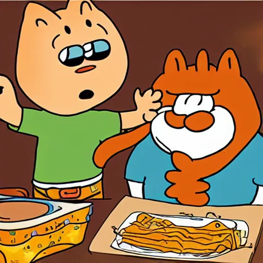 Image similar to fat orange tabby cat next to curly haired man and lasagna on table, by jim davis, garfield comic