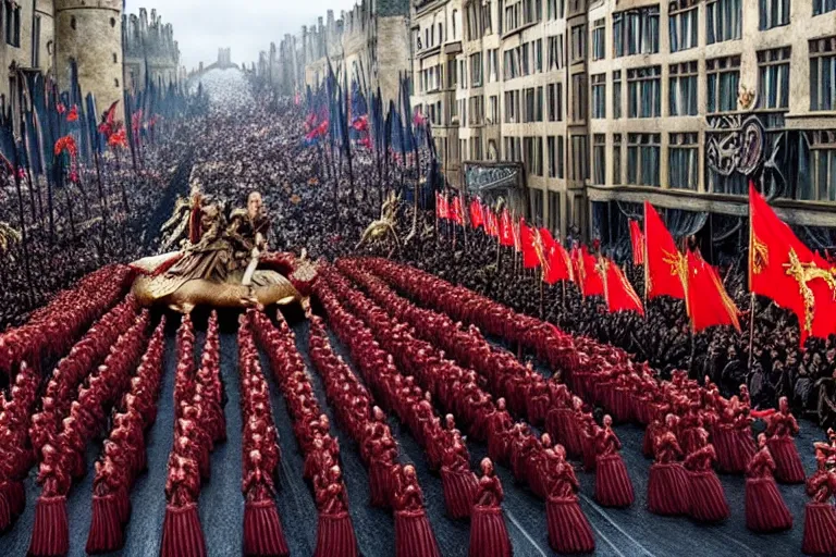 Image similar to photo of game of thrones elaborate parade with float characters designed by ( ( ( ( ( ( ( ( people remaking season 8 ) ) ) ) ) ) ) ) and people who know what they are doing!!!!!!!!!!!!!!, in the macys parade, detailed 4 k photo,