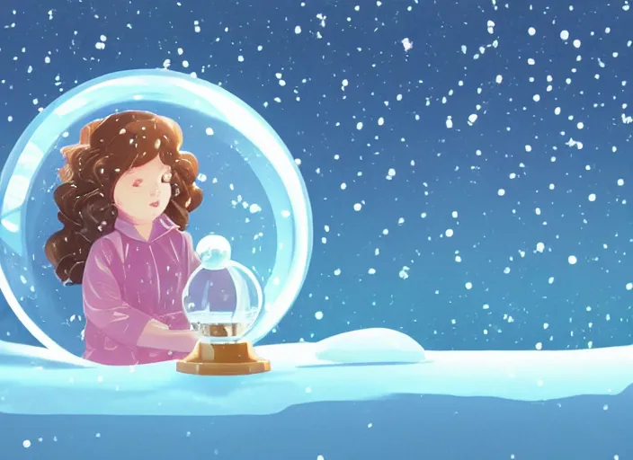 Image similar to little girl with short wavy curly light brown hair looking into a snow globe. clean cel shaded vector art. shutterstock. behance hd by lois van baarle, artgerm, helen huang, by makoto shinkai and ilya kuvshinov, rossdraws, illustration, art by ilya kuvshinov