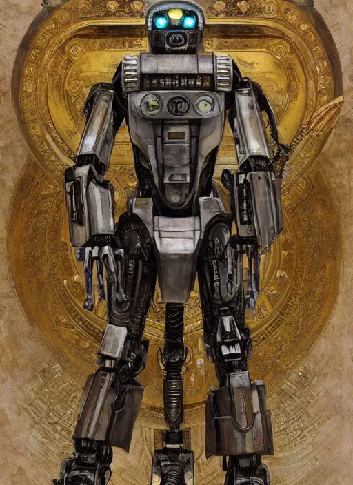 Image similar to chappie robot from thr Chappie movie as God, fantasy, intricate, elegant, highly detailed, digital painting, 4k, HDR, concept art, smooth, sharp focus, illustration, art by alphonse mucha,artgerm, H R Giger