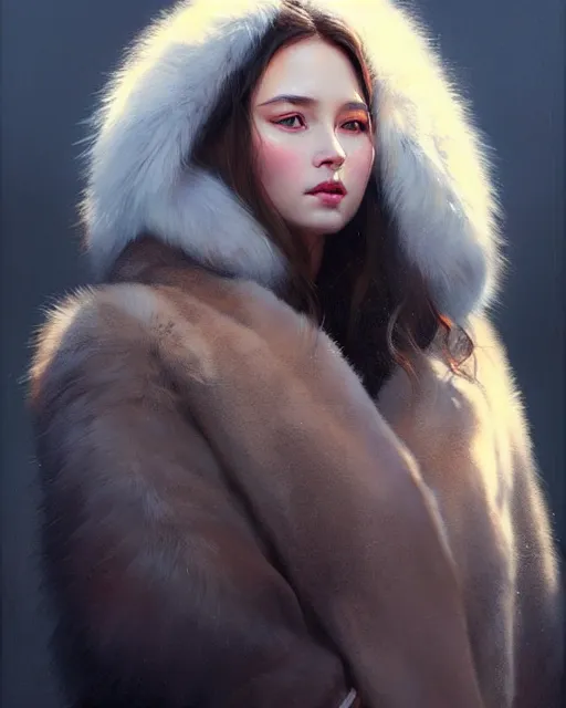 Image similar to a beautiful siberian girl with bear fur coat and neckline | | winter, realistic shaded, unpleasant face, bad looking, fine details, realistic shaded lighting poster by greg rutkowski, magali villeneuve, artgerm, jeremy lipkin and michael garmash and rob rey