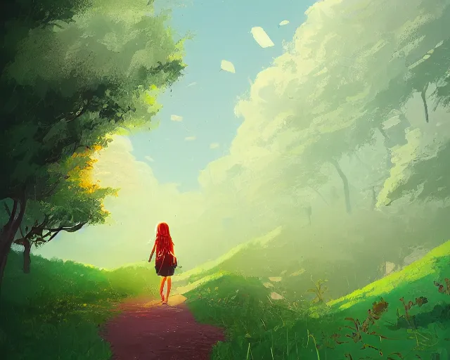 Prompt: a stylized painting of a dreamy explorer wandering down a long winding path, exploring new friendly lands, with soft bushes, trees, and flowing grass on a bright sunny day, by alena aenami and atey ghailan