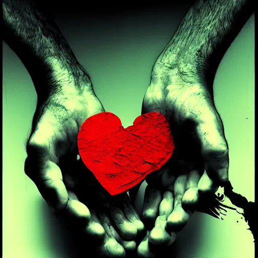 Image similar to hands ripping a heart in two broken pieces, sadness, dark ambiance, an album cover by Godfrey Blow, featured on deviantart, lyco art, artwork, photoillustration, poster art