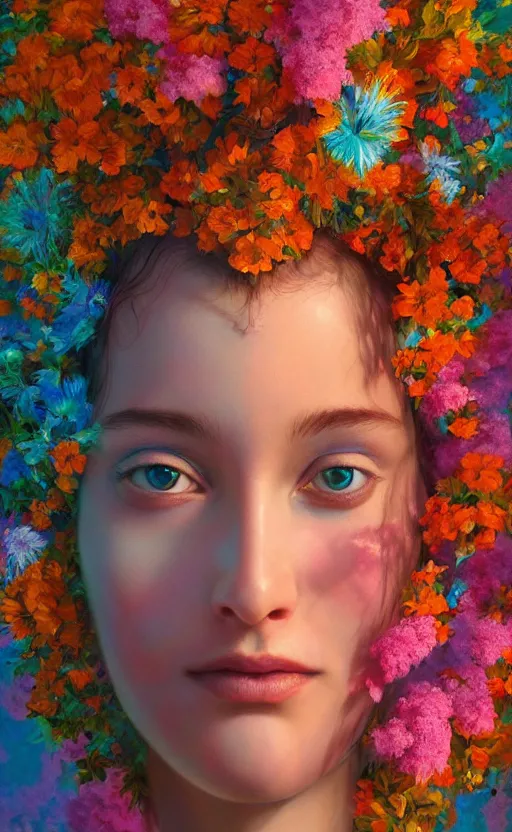 Prompt: a beautiful oil painting hyperrealism of a beautiful woman, close up face, flowers, floral headdress, 8 k resolution, octane render, trending on artstation, by gediminas pranckevicius, volumetric light 2 blue fractal thunder glow by dan mumford, anaglyph effect, laurie lipton