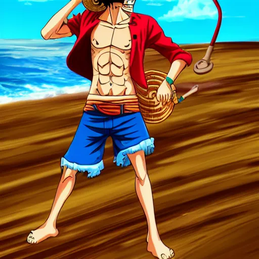 Prompt: Monkey D Luffy holding his straw hat, ocean background