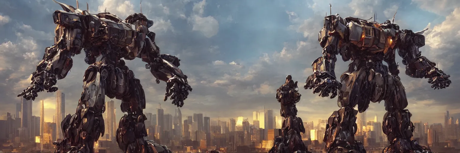 Image similar to a beautiful hyperrealistic ultradetailed 3D render of a gigantic mecha standing behinder the city, by brian sum and stephen martiniere and Antonio Manzanedo. mech, dragon, unreal engine, octane render, PBR, 3D, brilliantly colored, intricate, wide angle, volumetric lighting, polished, path tracing