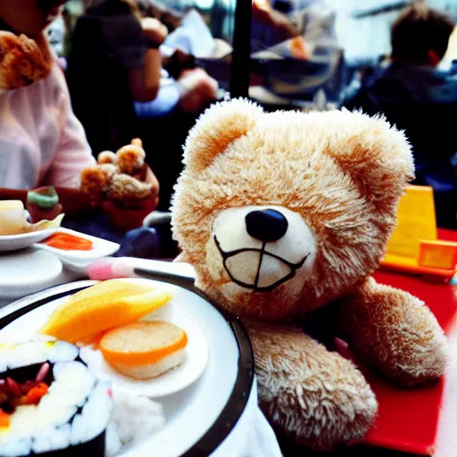 Image similar to a photo of a realistic teddy bear eating sushi in Paris, summer day, beautiful , photorealistic , 8k 35 mm Kodak film