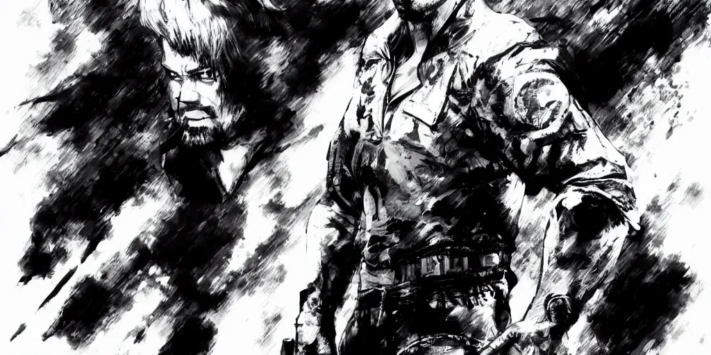 Image similar to a full - body portrait of chow yun - fat, in yoji shinkawa's art style, metal gear solid art style highly detailed, 4 k, artistic, white background, b & w