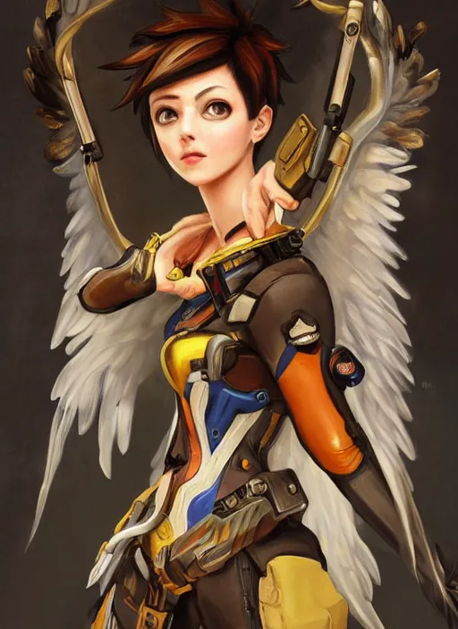 Prompt: full body oil painting of tracer overwatch in the style of sophie anderson, angel wings, dress garment, dramatic painting, wearing steel collar, symmetrical composition, ornate, high detail,