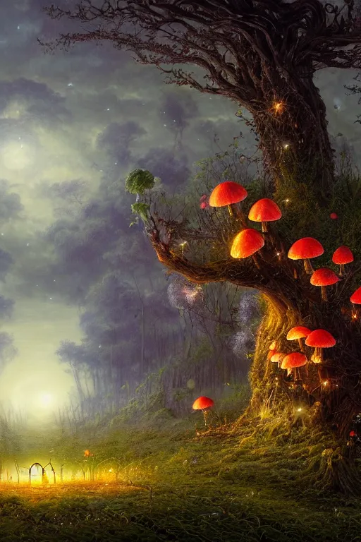 Image similar to a beautiful digital landscape painting of a detailed gothic fantasy fireflies and roots, dark mushroom, flowers by benoit b. mandelbrot, steven belledin, martin johnson heade, lee madgwick, caspar david friedrich, and david rios ferreira. 8 k resolution trending on artstation concept art digital illustration