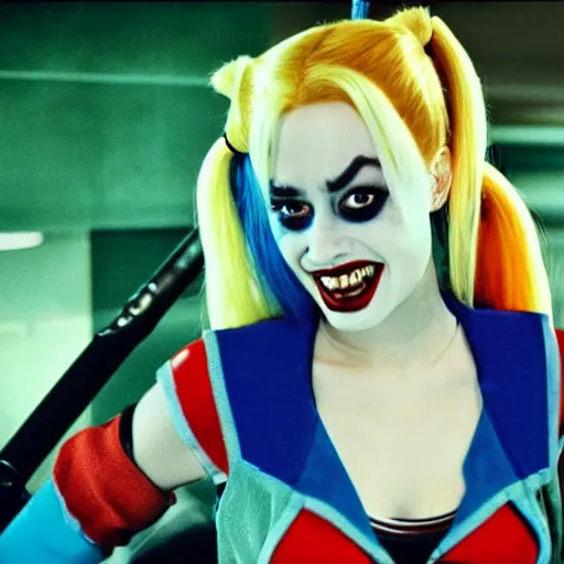 Prompt: still image of harley quinn from the simpsons in the dark knight, cinematic, anamorphic, 8 0 mm f / 2. 8 l, 3 5 mm film, movie